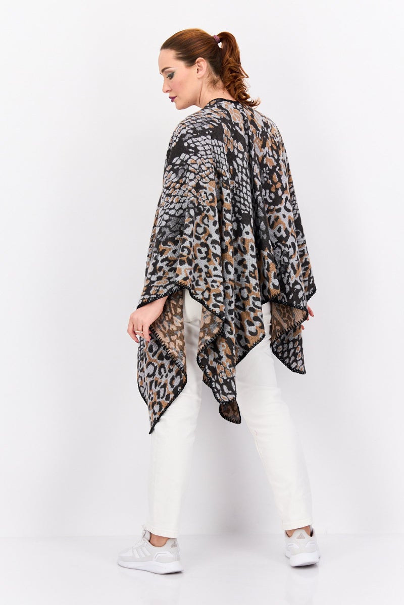 HALSTON Women Snakeskin Print Poncho Sweater, Black - Image 4