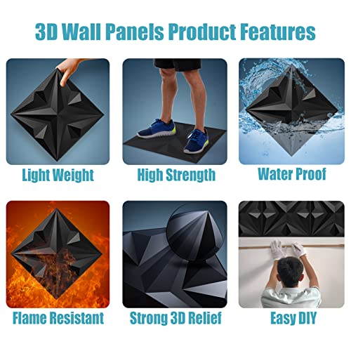 MIX3D Decorative 3D Wall Panels Star Textured PVC Wall Panels for Interior Wall Décor 19.7"x19.7" Black Pack of 12 Tiles Cover 32 Sq. Ft - Image 5