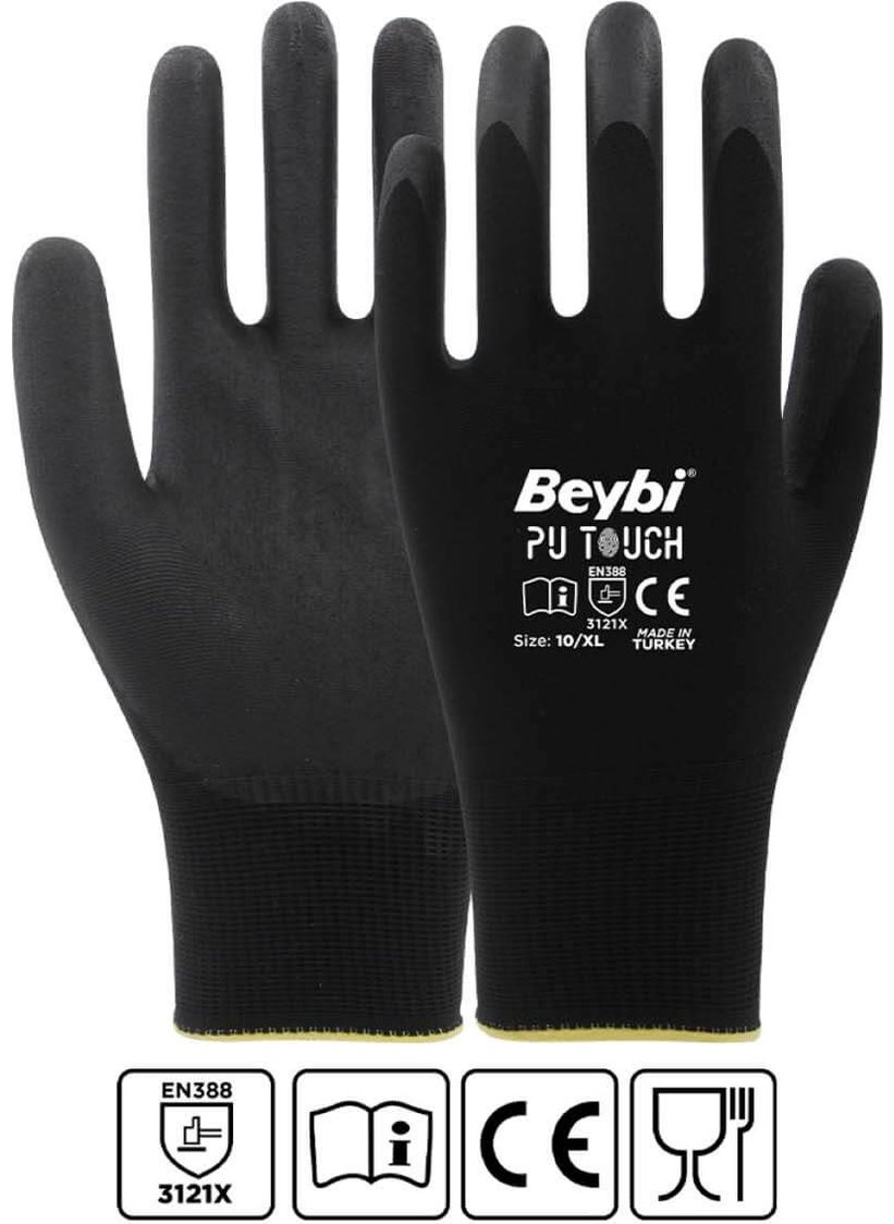 Beybi Pu Touch Black Polyurethane Coated Poly. Knitted Nitrile Work Gloves Size 8 288 Pairs  - Image 3