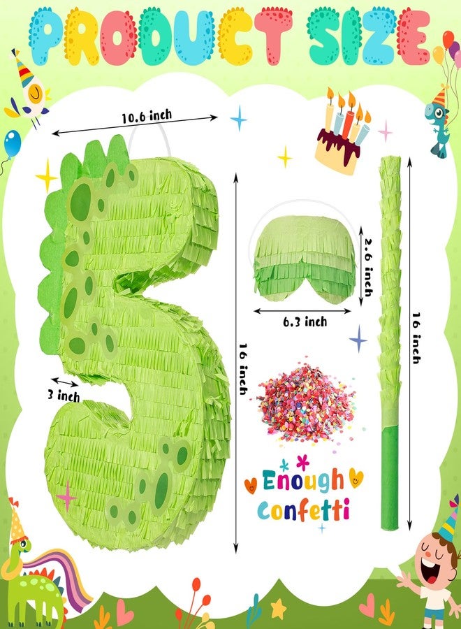 Poen بيناتا ديناصور بارتفاع 16 بوصة رقم 1 2 3 4 5 6 7 8 9 لحفلة عيد ميلاد الأطفال بيناتا ديناصور لطيفة مع عصا وغطاء عين وكونفيتي للأولاد والبنات زينة حفلة عيد ميلاد ديناصور - Image 2