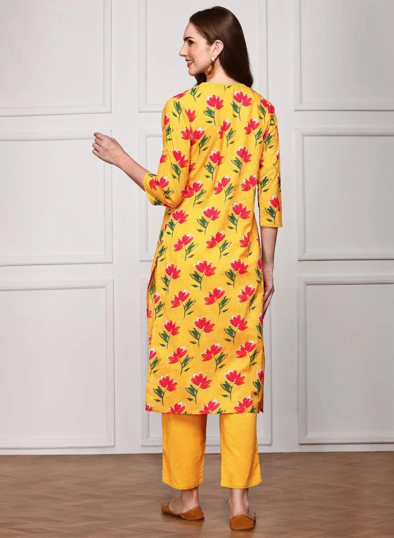 ISHIN  Regular Fit Three-Quarter Sleeve Printed Mustard Cotton Woven Kurta Set For Women Flat Collar Perfect For Wedding And Engagement Pull On Closure for Women | Best Price UAE