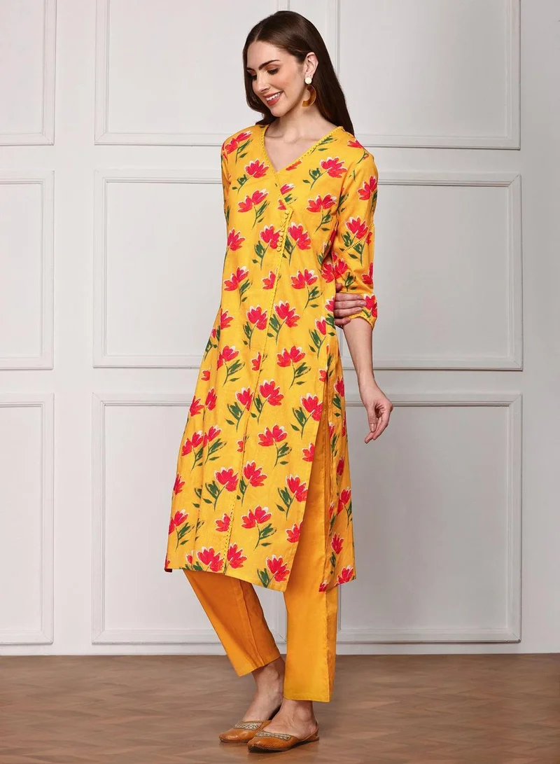 ISHIN  Regular Fit Three-Quarter Sleeve Printed Mustard Cotton Woven Kurta Set For Women Flat Collar Perfect For Wedding And Engagement Pull On Closure for Women | Best Price UAE