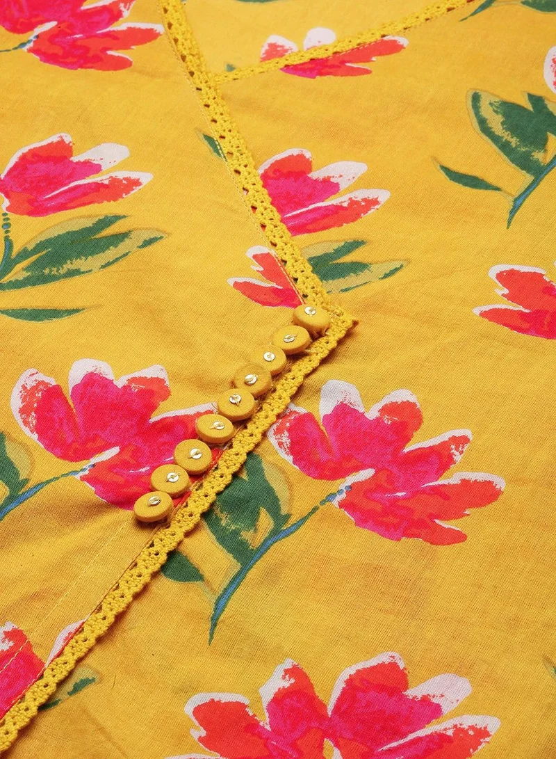 ISHIN  Regular Fit Three-Quarter Sleeve Printed Mustard Cotton Woven Kurta Set For Women Flat Collar Perfect For Wedding And Engagement Pull On Closure for Women | Best Price UAE