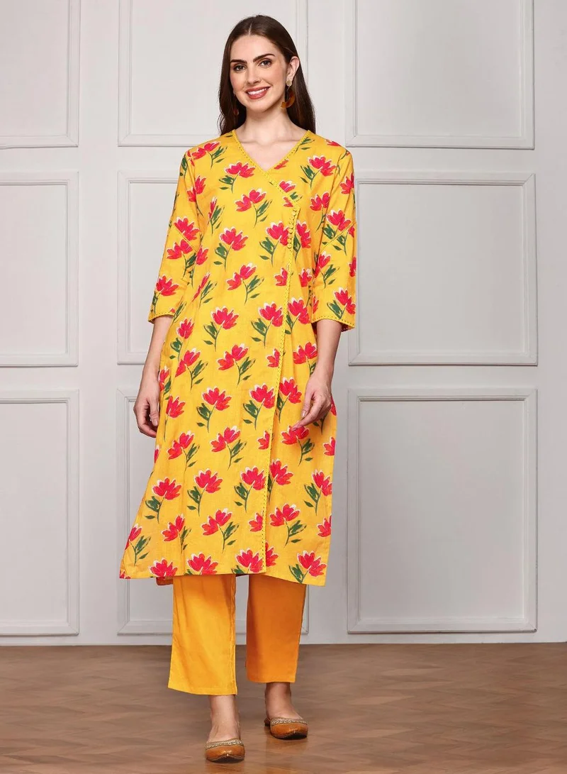 ISHIN  Regular Fit Three-Quarter Sleeve Printed Mustard Cotton Woven Kurta Set For Women Flat Collar Perfect For Wedding And Engagement Pull On Closure for Women | Best Price UAE