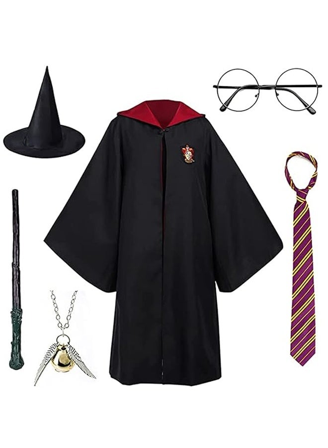 HALAMODO Wizard Robe Costume Cosplay Set,Hogwarts Wizarding World Costume Robes for Kids & Adults, Cosplay Robe Costume Cosplay Set, Dress Up Accessory Include with Striped Tie, Glasses Frame, Wizard Hat, Magic Wand and Pendant - for Boys and Girls - Image 1