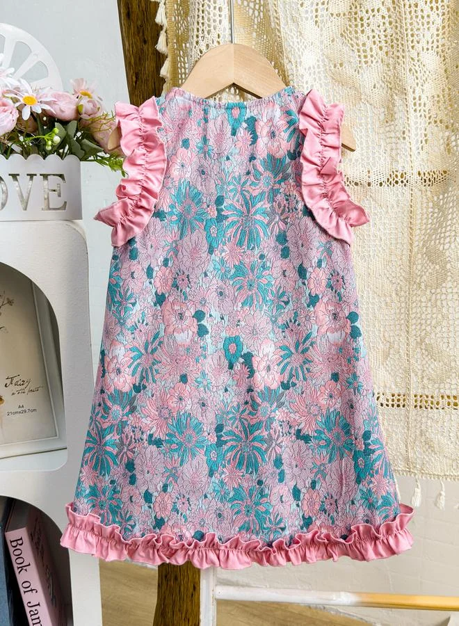 Take Two Girls Floral Print Sleeveless Ruffled Detail Dress