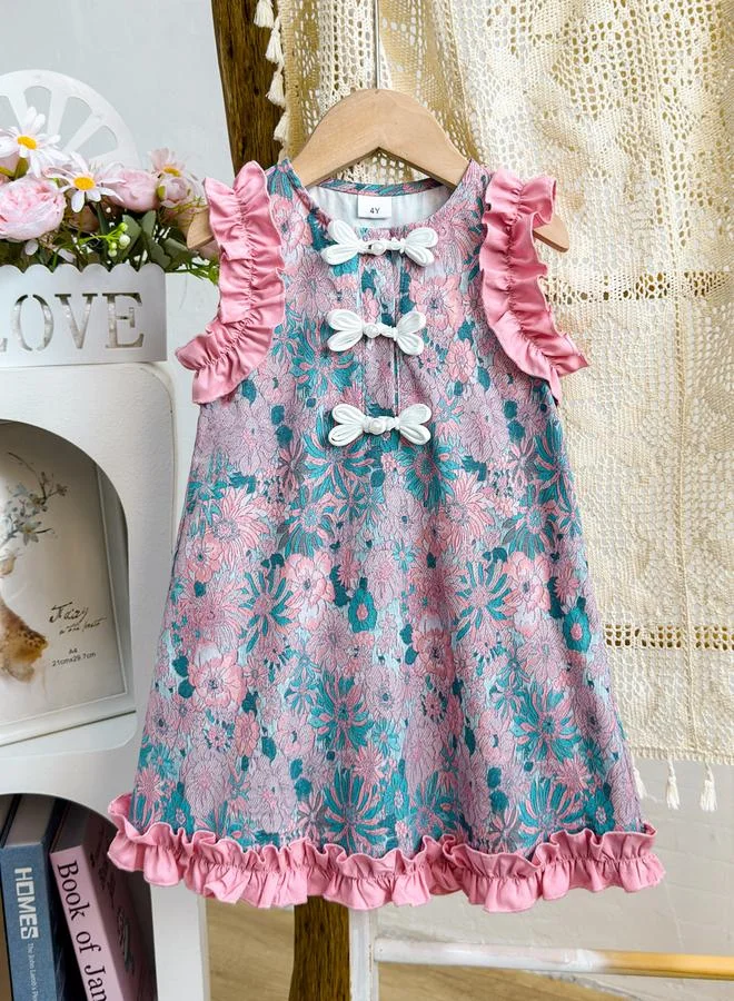 Take Two Girls Floral Print Sleeveless Ruffled Detail Dress