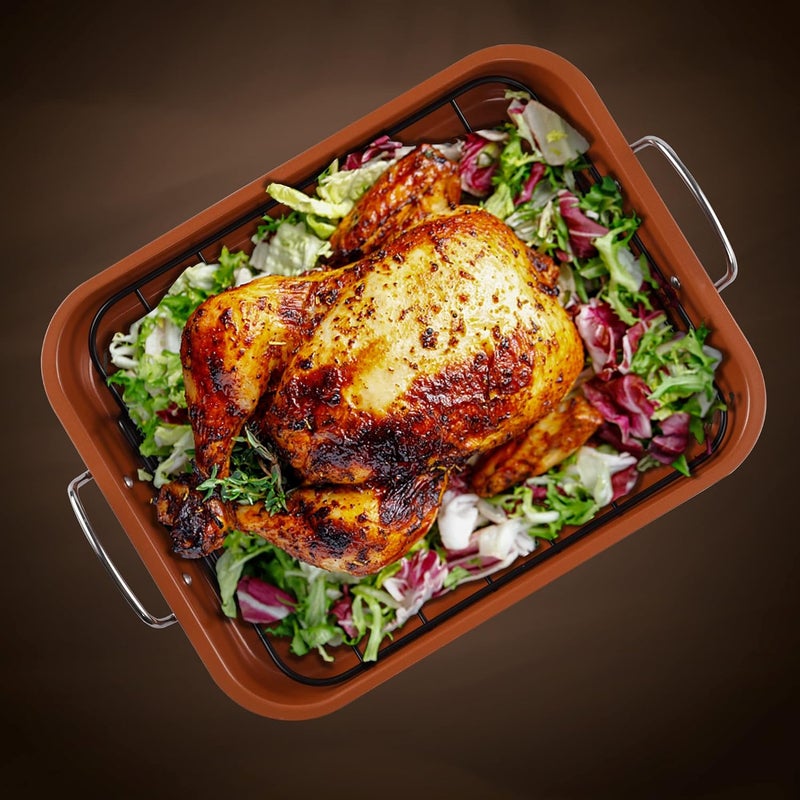 kitCom Nonstick Roasting Pan, Roaster with Cooling Rack and V-Rack - 16 Inch Rectangular Turkey Roaster Lasagna Pan for Easter, Thanksgiving & Christmas, Dishwasher Safe, Bronze - Image 5