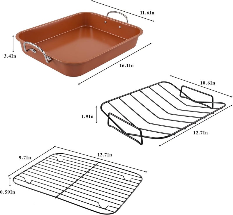 kitCom Nonstick Roasting Pan, Roaster with Cooling Rack and V-Rack - 16 Inch Rectangular Turkey Roaster Lasagna Pan for Easter, Thanksgiving & Christmas, Dishwasher Safe, Bronze - Image 2