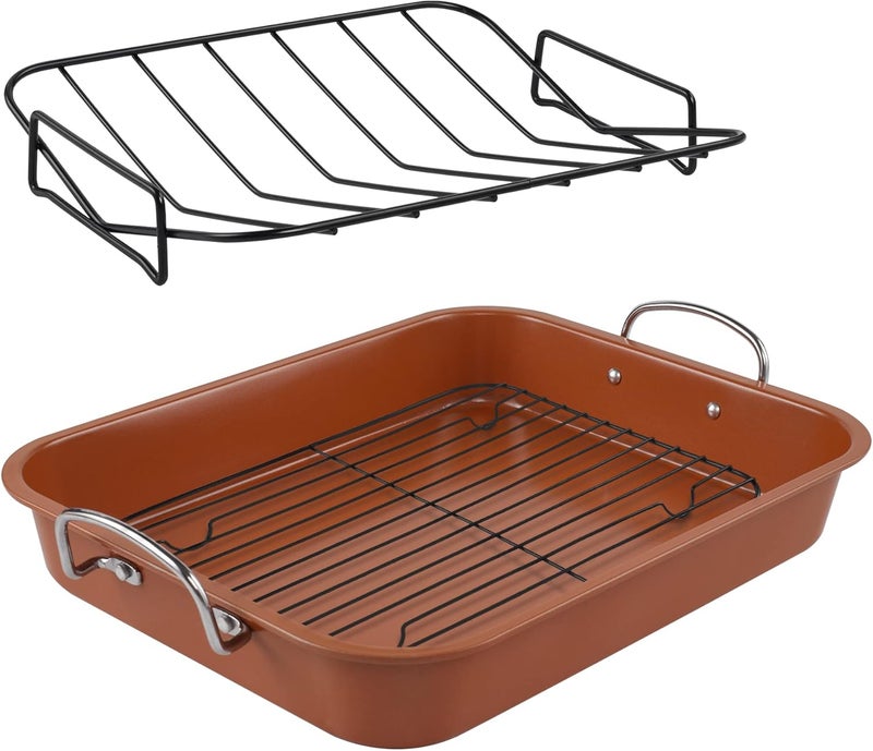 kitCom Nonstick Roasting Pan, Roaster with Cooling Rack and V-Rack - 16 Inch Rectangular Turkey Roaster Lasagna Pan for Easter, Thanksgiving & Christmas, Dishwasher Safe, Bronze - Image 1