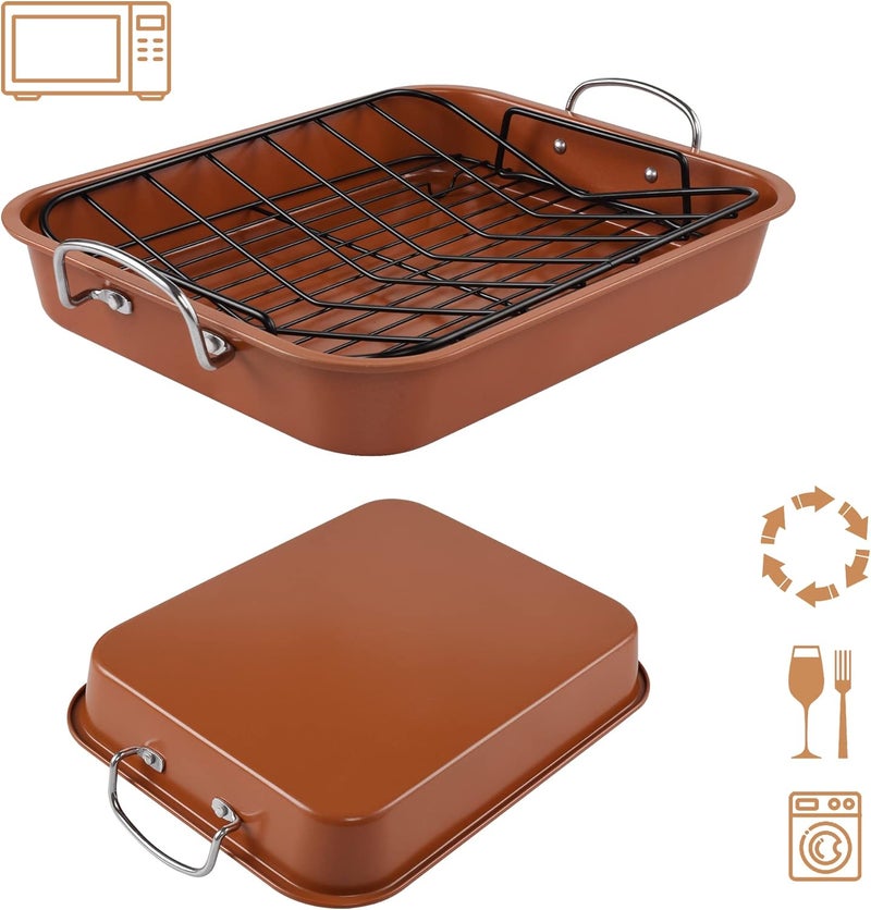 kitCom Nonstick Roasting Pan, Roaster with Cooling Rack and V-Rack - 16 Inch Rectangular Turkey Roaster Lasagna Pan for Easter, Thanksgiving & Christmas, Dishwasher Safe, Bronze - Image 3