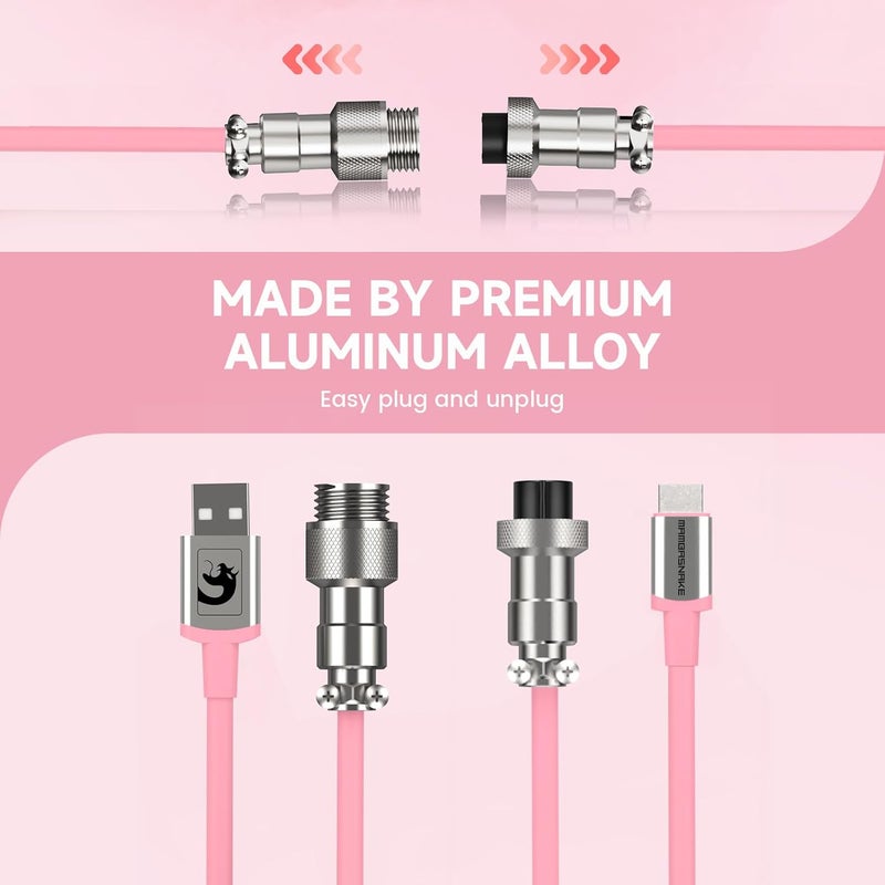 MAMBASNAKE كابل لوحة مفاتيح ملفوف C01، كابل طيار مخصص USB-C احترافي، خط فائق السرعة من Type-C إلى USB-A مع معدل إرجاع 8 كيلو هرتز وموصل طيران معدني للوحة مفاتيح ألعاب الكمبيوتر - وردي - Image 2