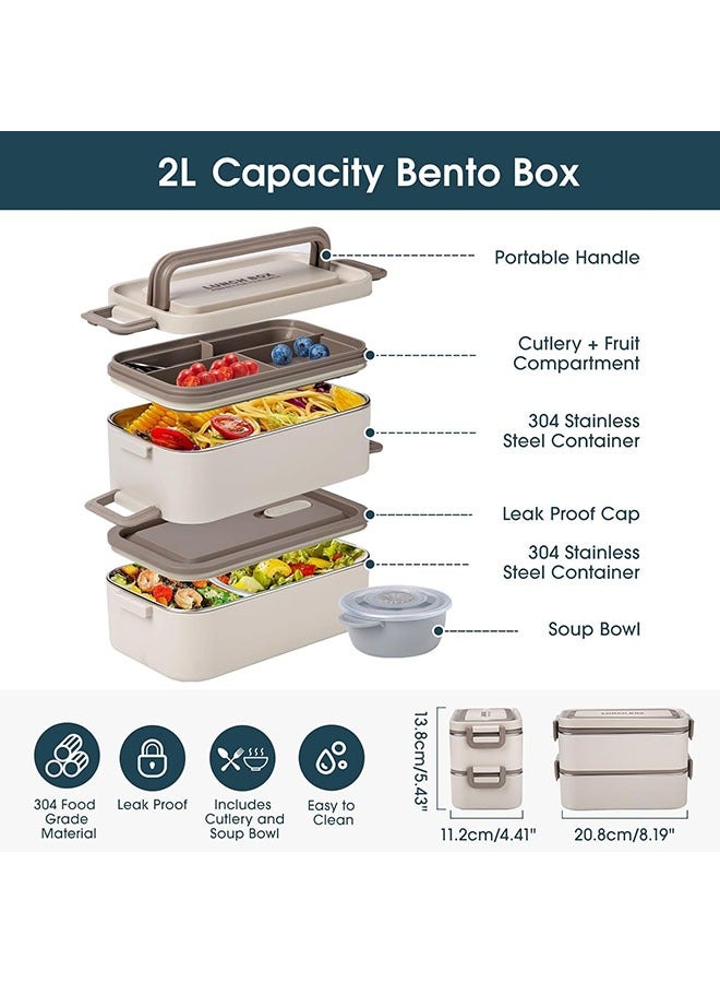Bento Box Adult Lunch Box, Stackable 2 Layer 304 Stainless Steel Lunch Container for Adults Kids Office, 2L Capacity Portable Lunch Box Containers with Soup Bowl Spoon and Chopsticks - Image 2