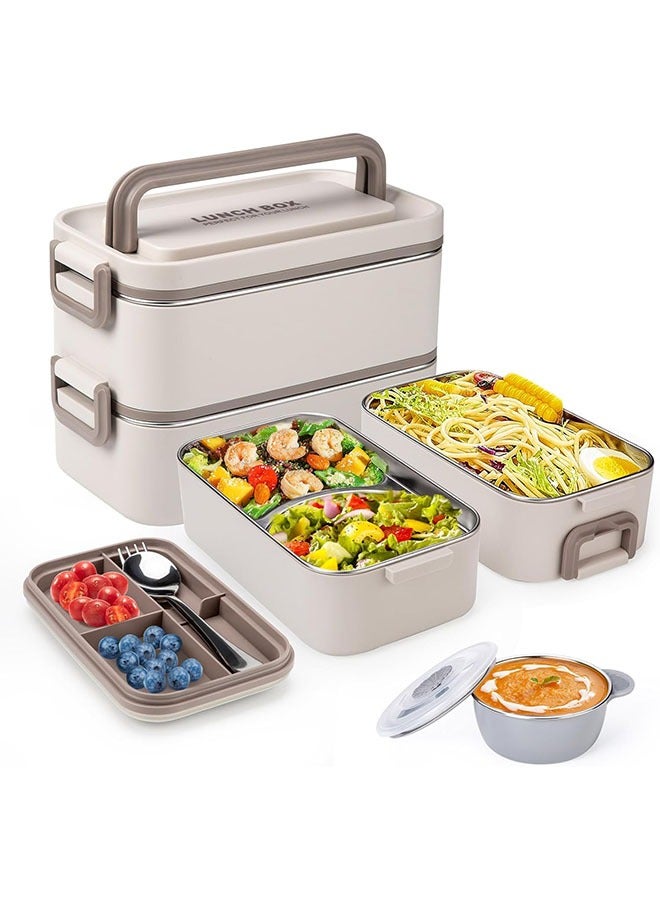 Bento Box Adult Lunch Box, Stackable 2 Layer 304 Stainless Steel Lunch Container for Adults Kids Office, 2L Capacity Portable Lunch Box Containers with Soup Bowl Spoon and Chopsticks - Image 1