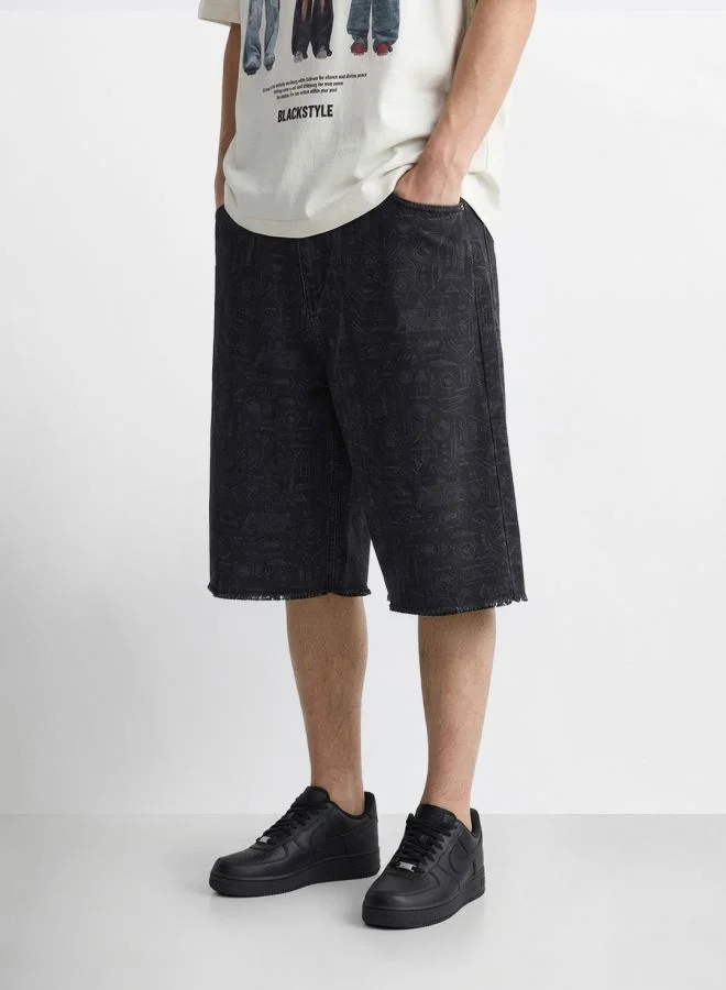 The Indian Garage Co Men Wide Leg Tom & Jerry Printed Scoop Pocket Mid-Rise Denim Shorts