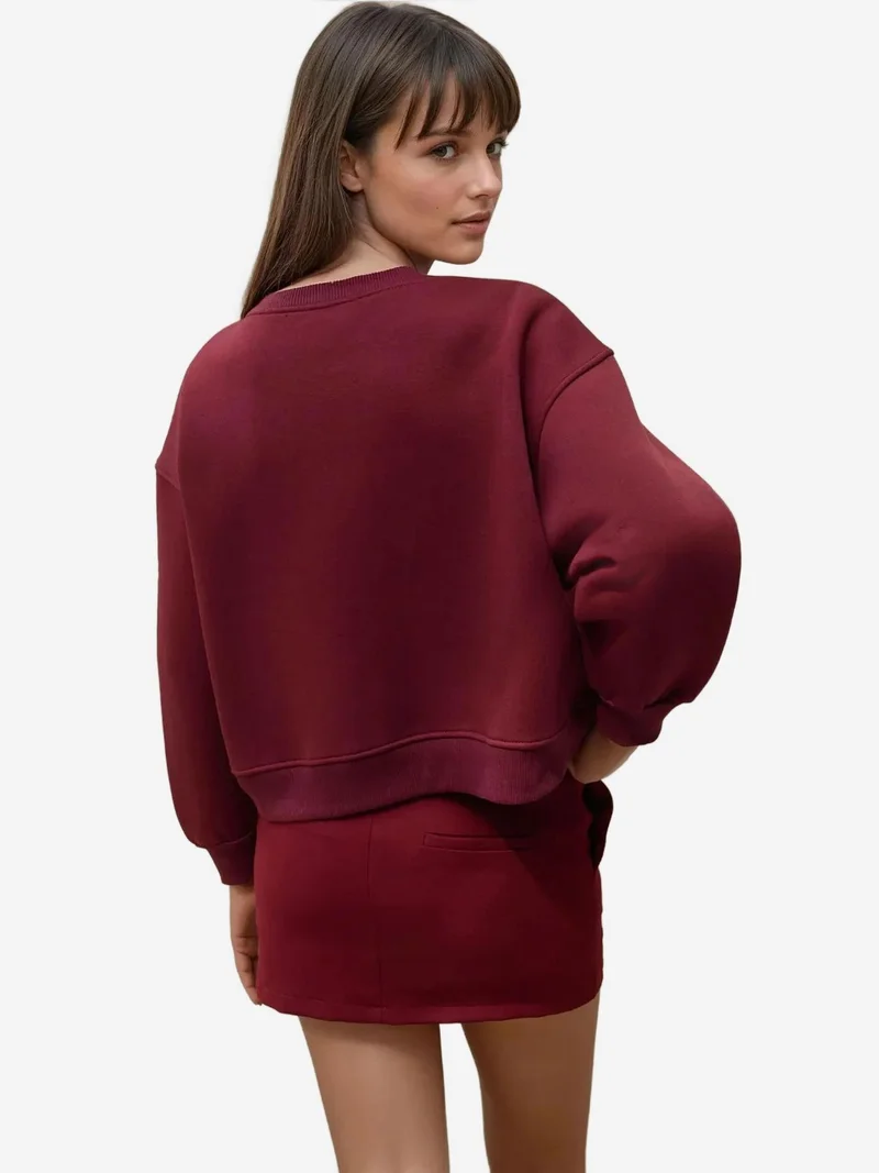 Hiccup Burgundy Red Embroidered Relaxed Fit Cotton Sweatshirt for Women | Best Price UAE