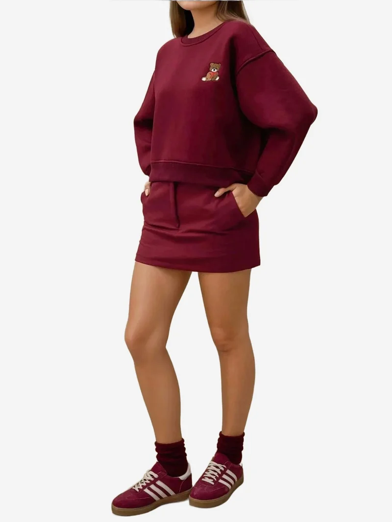 Hiccup Burgundy Red Embroidered Relaxed Fit Cotton Sweatshirt for Women | Best Price UAE