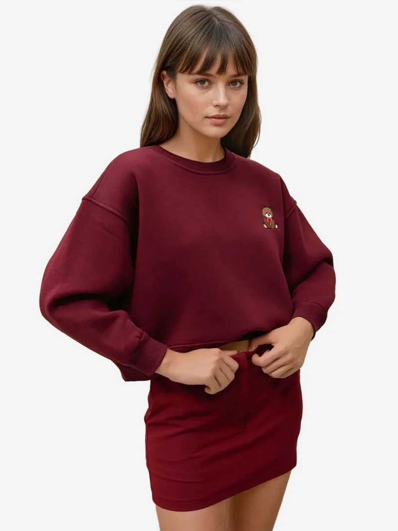 Hiccup Burgundy Red Embroidered Relaxed Fit Cotton Sweatshirt for Women | Best Price UAE