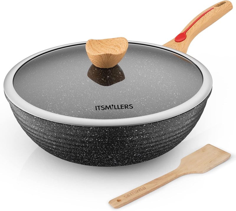 ITSMILLERS Nonstick Wok Aluminium Die-casting Chinese Wok, Scratch Resistant With Lid and Spatula, PFOA-Free, Dishwasher Safe & Induction Bottom,12 Inch,6L,Large Capacity - Image 1