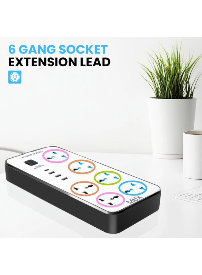 Power Strip with 6 Sock 6 , 3 sets, 3 USB Ports, 1 Type-C Port, 2M Extension Cable for Home, Kitchen, and Office (Assorted Color Black And White) - Image 3