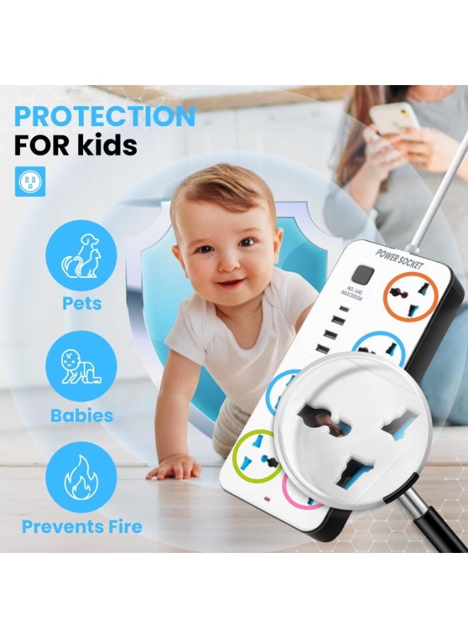 Power Strip with 6 Sock 6 , 3 sets, 3 USB Ports, 1 Type-C Port, 2M Extension Cable for Home, Kitchen, and Office (Assorted Color Black And White) - Image 4
