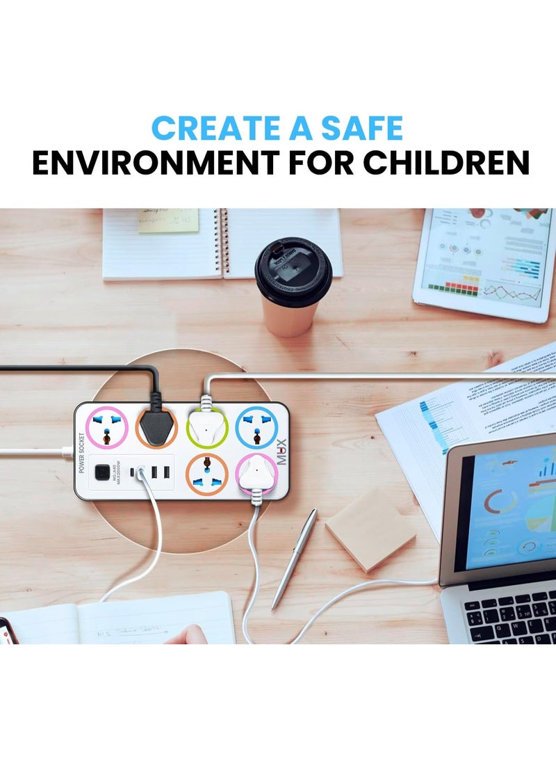 Power Strip with 6 Sock 6 , 3 sets, 3 USB Ports, 1 Type-C Port, 2M Extension Cable for Home, Kitchen, and Office (Assorted Color Black And White) - Image 5