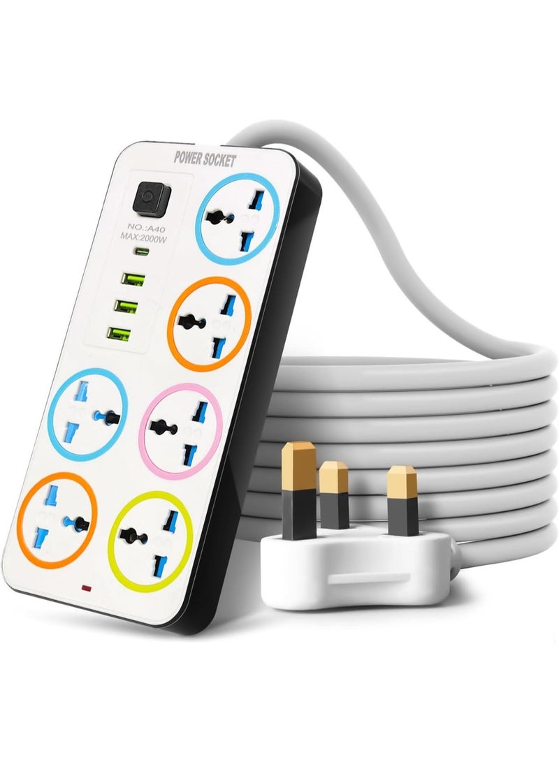Power Strip with 6 Sock 6 , 3 sets, 3 USB Ports, 1 Type-C Port, 2M Extension Cable for Home, Kitchen, and Office (Assorted Color Black And White) - Image 1
