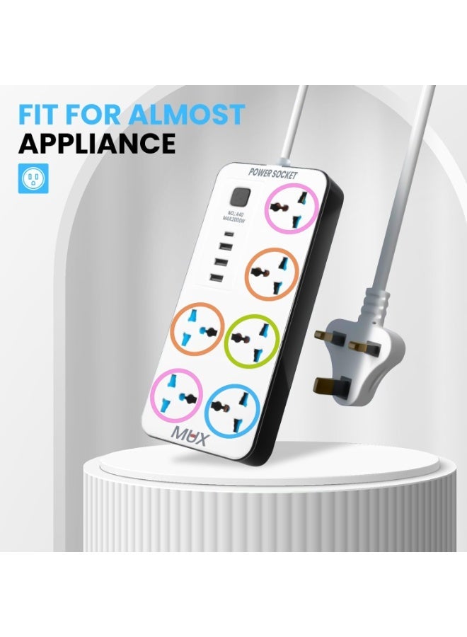 Power Strip with 6 Sock 6 , 3 sets, 3 USB Ports, 1 Type-C Port, 2M Extension Cable for Home, Kitchen, and Office (Assorted Color Black And White) - Image 2