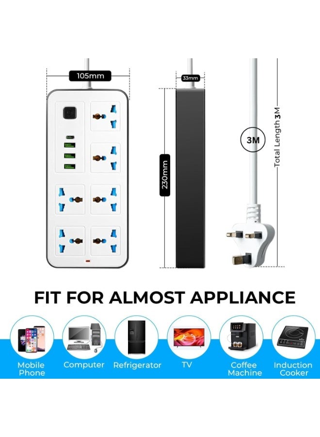 Universal Power Strip Extension Board with 6 Outlets, 3 USB Ports & Type-C Fath 3st Charging, Surge Protected 6 Way Socket wiM Cable,Child Safety Shutters & UK Type-G Plug for Home, Office (White) - Image 3