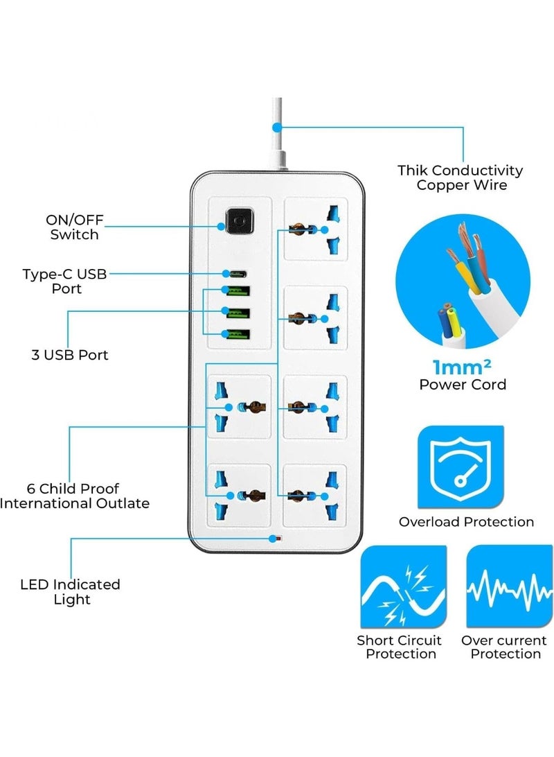 Universal Power Strip Extension Board with 6 Outlets, 3 USB Ports & Type-C Fath 3st Charging, Surge Protected 6 Way Socket wiM Cable,Child Safety Shutters & UK Type-G Plug for Home, Office (White) - Image 2
