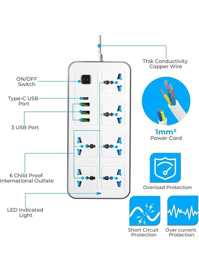Universal Power Strip Extension Board with 6 Outlets, 3 USB Ports & Type-C Fath 3st Charging, Surge Protected 6 Way Socket wiM Cable,Child Safety Shutters & UK Type-G Plug for Home, Office ( ASSORTED COLOR) - Image 3
