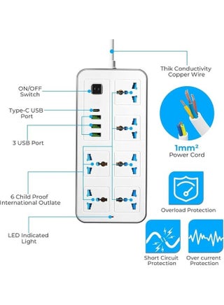 لوحة تمديد كهربائية عالمية بستة منافذ، وثلاثة منافذ USB، وشحن سريع من النوع C، ومقبس بستة اتجاهات مزود بحماية من زيادة التيار الكهربائي مع كابل بطول 3 أمتار، وأغطية أمان للأطفال، وقابس من النوع G البريطاني للاستخدام المنزلي والمكتبي (ألوان متنوعة) - view 2