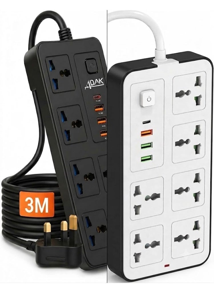 Universal Power Strip Extension Board with 6 Outlets, 3 USB Ports & Type-C Fath 3st Charging, Surge Protected 6 Way Socket wiM Cable,Child Safety Shutters & UK Type-G Plug for Home, Office (White)