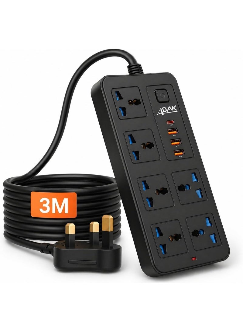 أداك لوحة تمديد كهربائية عالمية بستة منافذ، وثلاثة منافذ USB، وشحن سريع من النوع C، ومقبس بستة اتجاهات مزود بحماية من زيادة التيار الكهربائي مع كابل بطول 3 أمتار، وأغطية أمان للأطفال، وقابس من النوع G البريطاني للاستخدام المنزلي والمكتبي (ألوان متنوعة) - Image 5