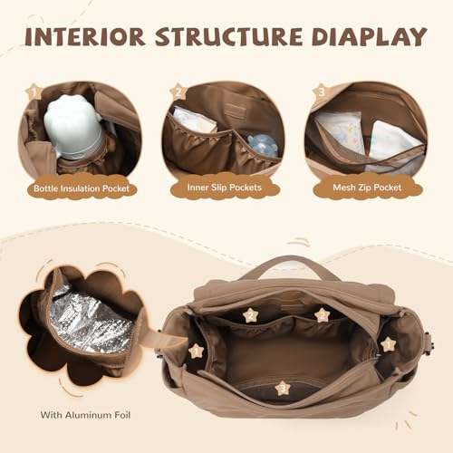 GOLF QUALITY 22L Puffer Diaper Bag Tote,Large Capacity Baby Diaper Tote Travel Bags Crossbody Hospital Bag for mom,Champagne Brown - Image 3