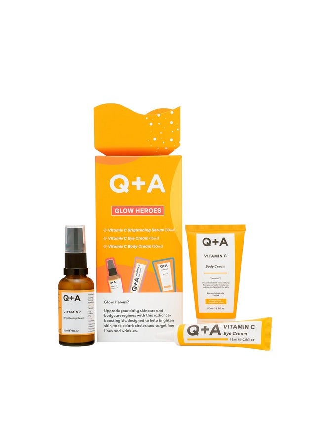 Q+A - Glow Heroes Skincare Giftset - A Trio With Vitamin C Serum 30Ml, Eye Cream 15Ml & Body Cream 50Ml - Rejuvenate - Vegan & Cruelty-Free, Made In Uk - Image 1