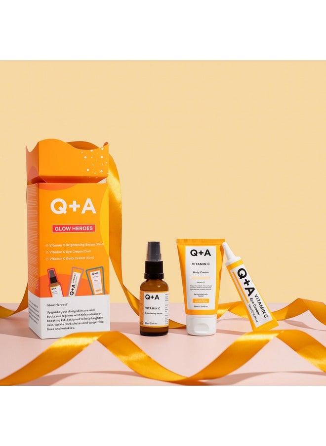 Q+A - Glow Heroes Skincare Giftset - A Trio With Vitamin C Serum 30Ml, Eye Cream 15Ml & Body Cream 50Ml - Rejuvenate - Vegan & Cruelty-Free, Made In Uk - Image 1