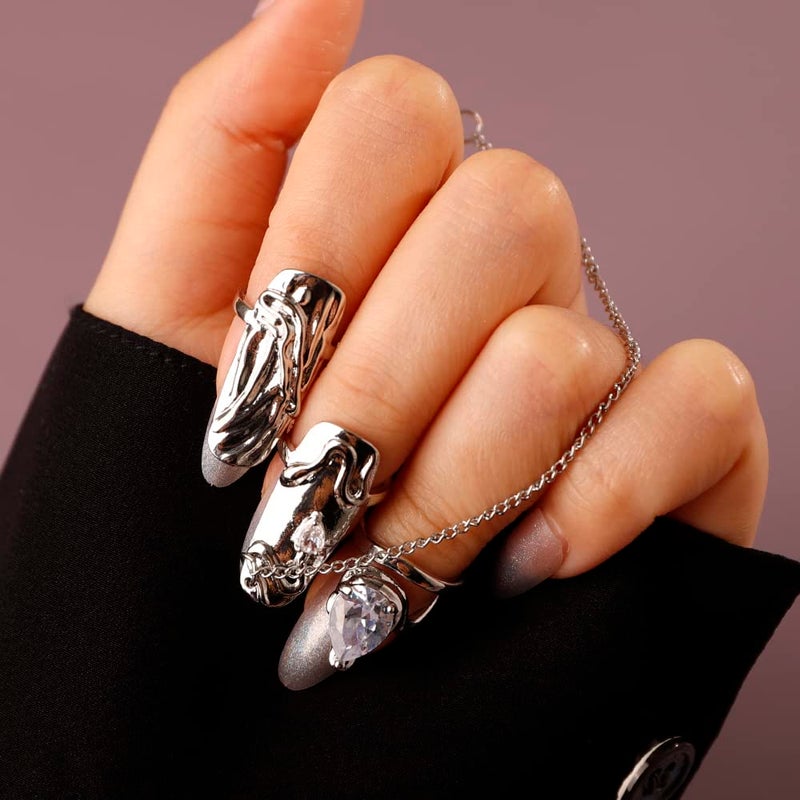 Rumtock 4pcs Punk Silver Fingertip Protective Nail Rings Set with Knuckle Chain Ring Manicure Jewelry for Women Gilrs - Image 2