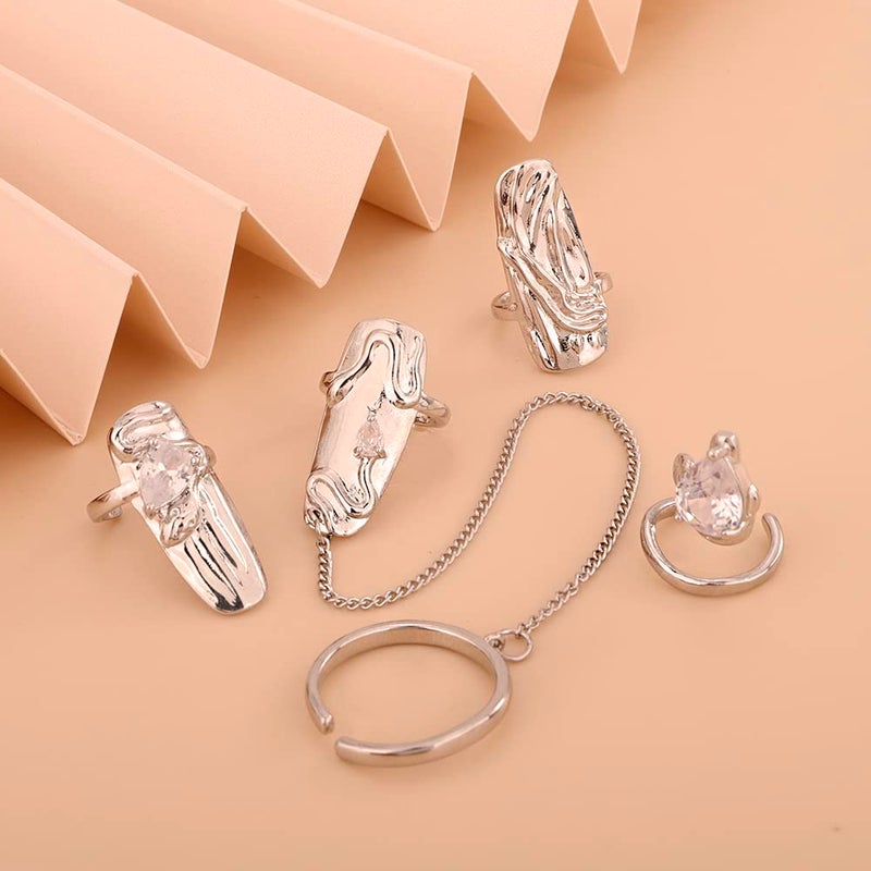 Rumtock 4pcs Punk Silver Fingertip Protective Nail Rings Set with Knuckle Chain Ring Manicure Jewelry for Women Gilrs - Image 3