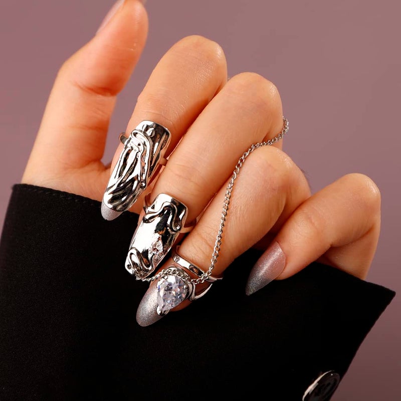 Rumtock 4pcs Punk Silver Fingertip Protective Nail Rings Set with Knuckle Chain Ring Manicure Jewelry for Women Gilrs - Image 1