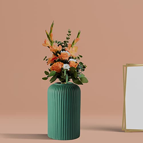 Lasaki Evelyn Small Deep Jungle Green Ceramic Vase | Decorative Vase for Pampas Grass, Dried & Artificial Flowers | Centrepiece & Showpiece for Home Decor, Living Room & Tabletop (H-15.5 X D-8 cm) - Image 1