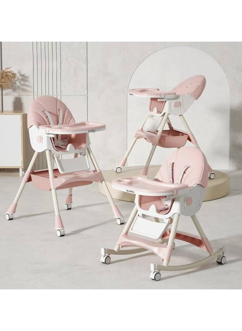 Kidilo Kidillo 6-Position Foldable High Chair for Newborn Feeding, Removable and Adjustable Double Meal Tray, Reclining Design with Premium Wheels, Pink  - Image 1