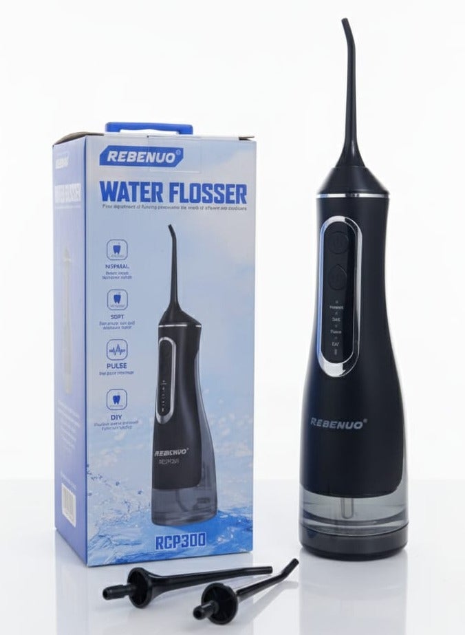 REBENUO Water Flosser For Teeth Cordless 320Ml Portable Oral Irrigator Flosser 4 Cleaning Modes And 3 Jet Tips, Ipx7 Waterproof - Black - Image 1