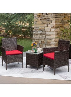 Sweet Furniture Cozy Conversations 3-Piece Rattan Patio Set – PE Wicker Chairs with Cushions & Side Table, Brown & Red  - Image 1