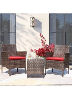 Sweet Furniture Cozy Conversations 3-Piece Rattan Patio Set – PE Wicker Chairs with Cushions & Side Table, Brown & Red  - Image 2