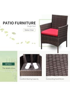 Sweet Furniture Cozy Conversations 3-Piece Rattan Patio Set – PE Wicker Chairs with Cushions & Side Table, Brown & Red  - Image 3