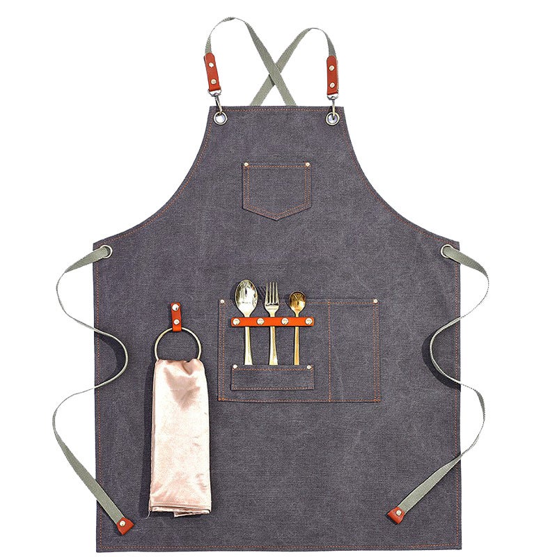 Thick Canvas Apron Custom Logo Coffee Brown for CafesRibbon thick canvas black gray ring Ribbon thick canvas black gray ring