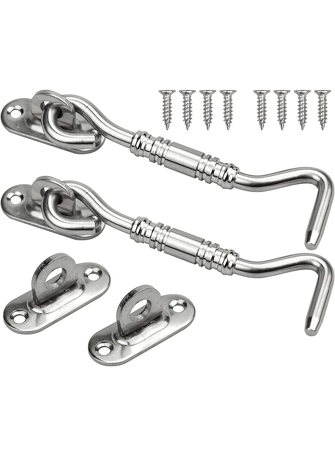 promass Gate Hook Eye Latch, 2 Pcs 4 Inch Barn Door Lock and Gate Door Stainless Steel Swivel Window Door Lock, Window Brace Silent Holder with Mounting Screws for Garage, Garden Gates, Closet Shed - Image 1