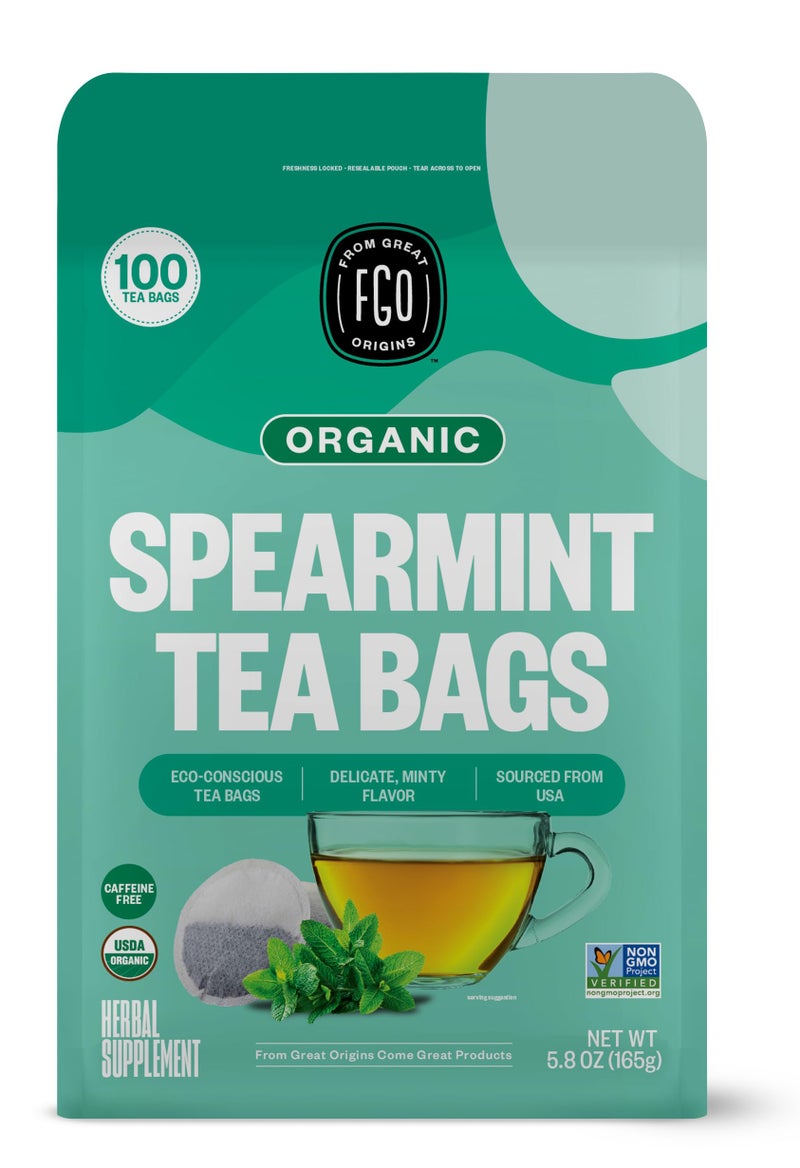 FGO Organic Spearmint Leaf Tea, 100 Count, Eco-Conscious Tea Bags, Caffeine Free, Resealable Bag, Packaging May Vary (Pack of 1) - Image 1