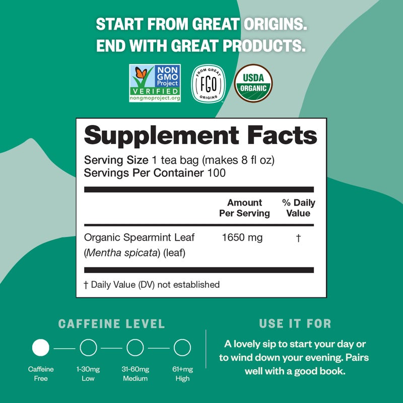 FGO Organic Spearmint Leaf Tea, 100 Count, Eco-Conscious Tea Bags, Caffeine Free, Resealable Bag, Packaging May Vary (Pack of 1) - Image 4